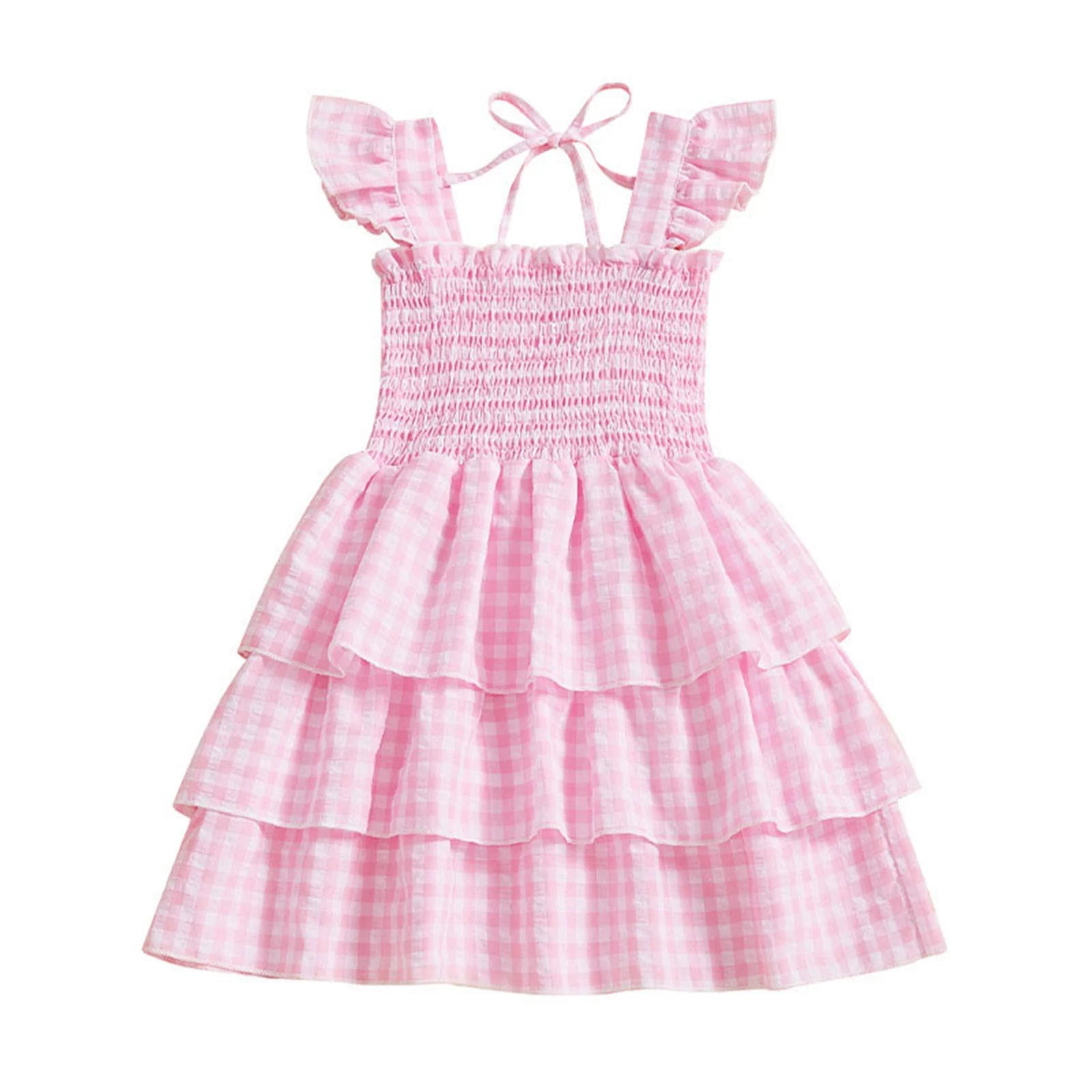 LEWKW Toddler Girls Sundress Gingham Plaid Tiered Ruffle Skirt Smocked Bodice Flutter Sleeve Cott... | Walmart (US)
