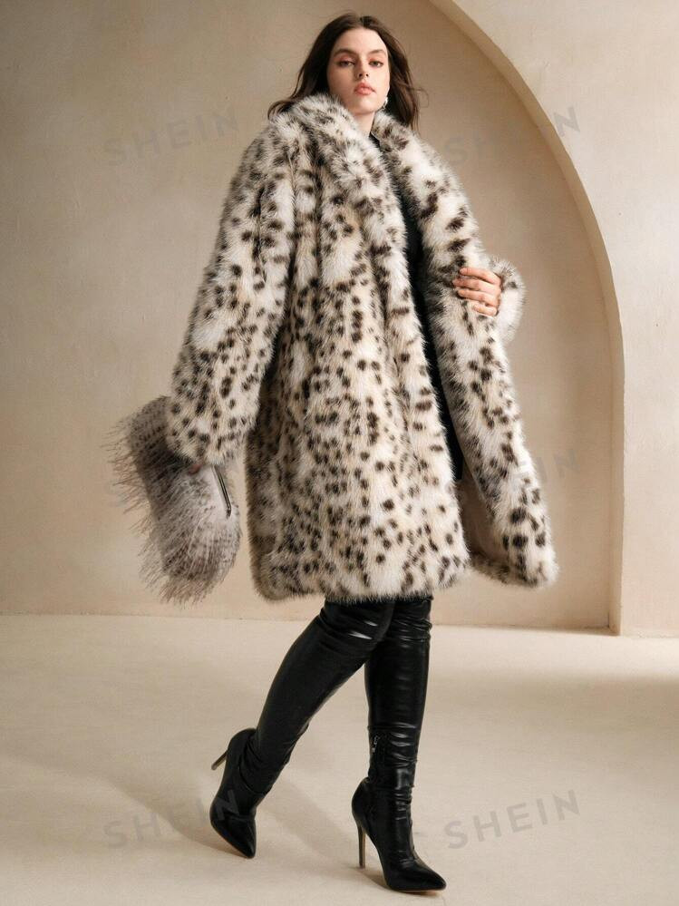 Anewsta Women Plus Size Leopard Print Fluffy Shawl Collar Casual Loose Jacket, For Winter | SHEIN