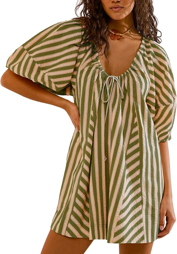 Athlisan Womens Striped Romper Casual Loose Puff Sleeve Wide Leg Jumpsuit Overall with Pockets | Amazon (US)