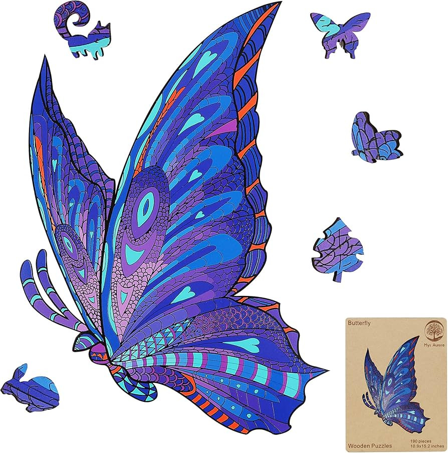 Mys Aurora Original Wooden Jigsaw Puzzles - Love Butterfly, 190 Pcs King Size 10.9" x 15.2", Uniq... | Amazon (US)
