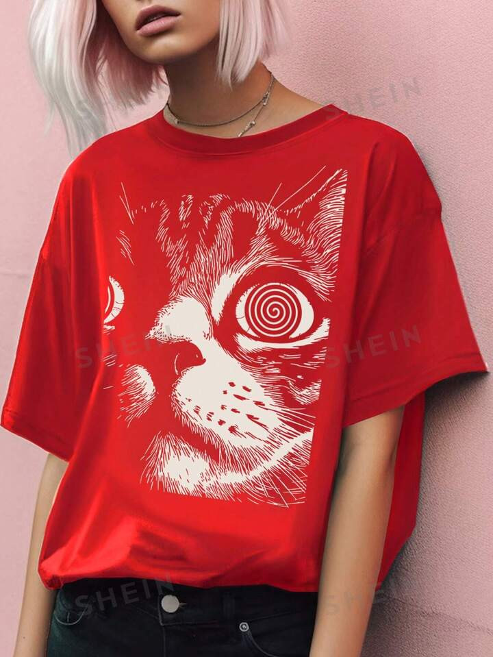 SHEIN LUNE Plus Size Cat Print Off-Shoulder Loose Casual Summer T-Shirt | SHEIN USA | SHEIN