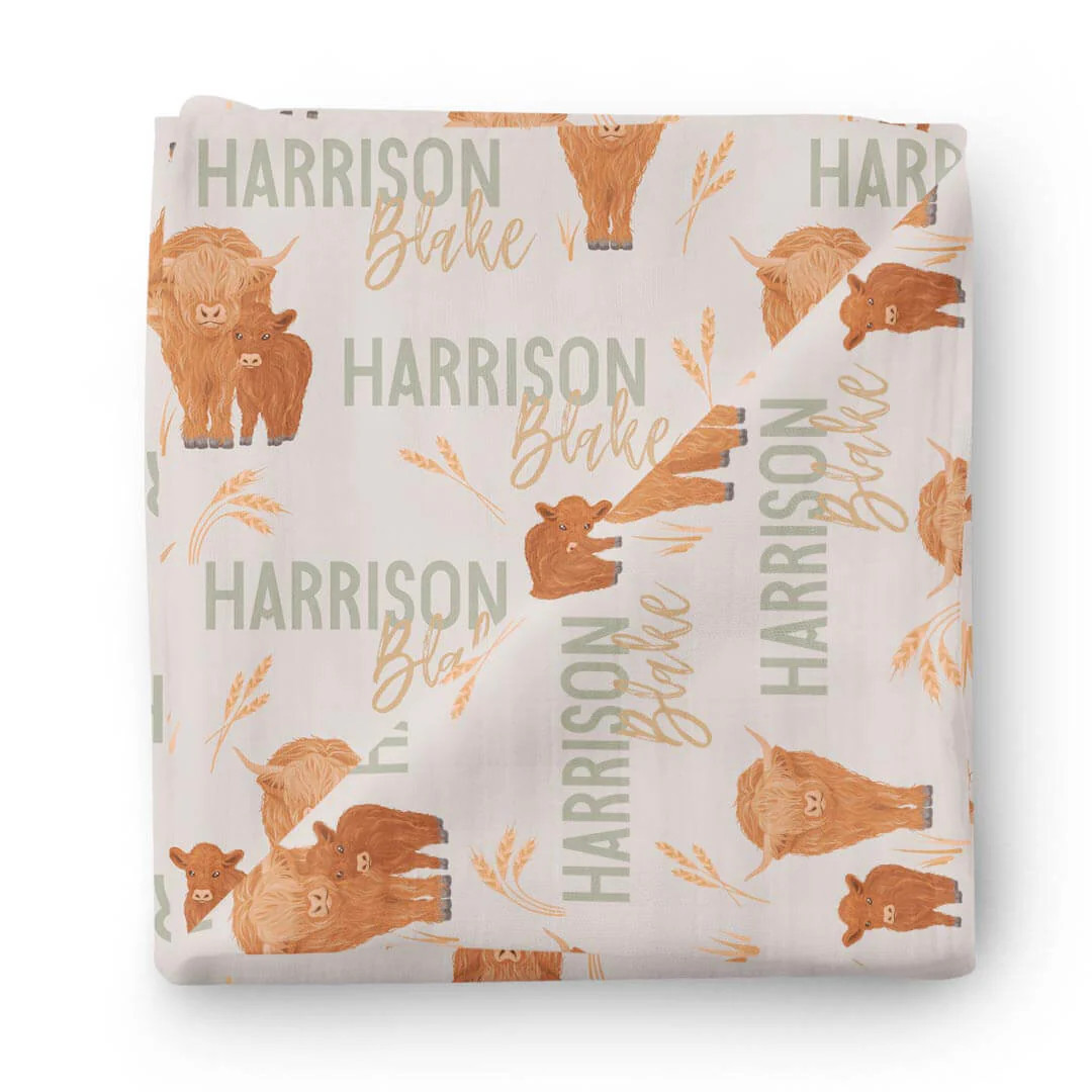 Happy Highland Cows Personalized Baby Name Swaddle Blanket | Caden Lane