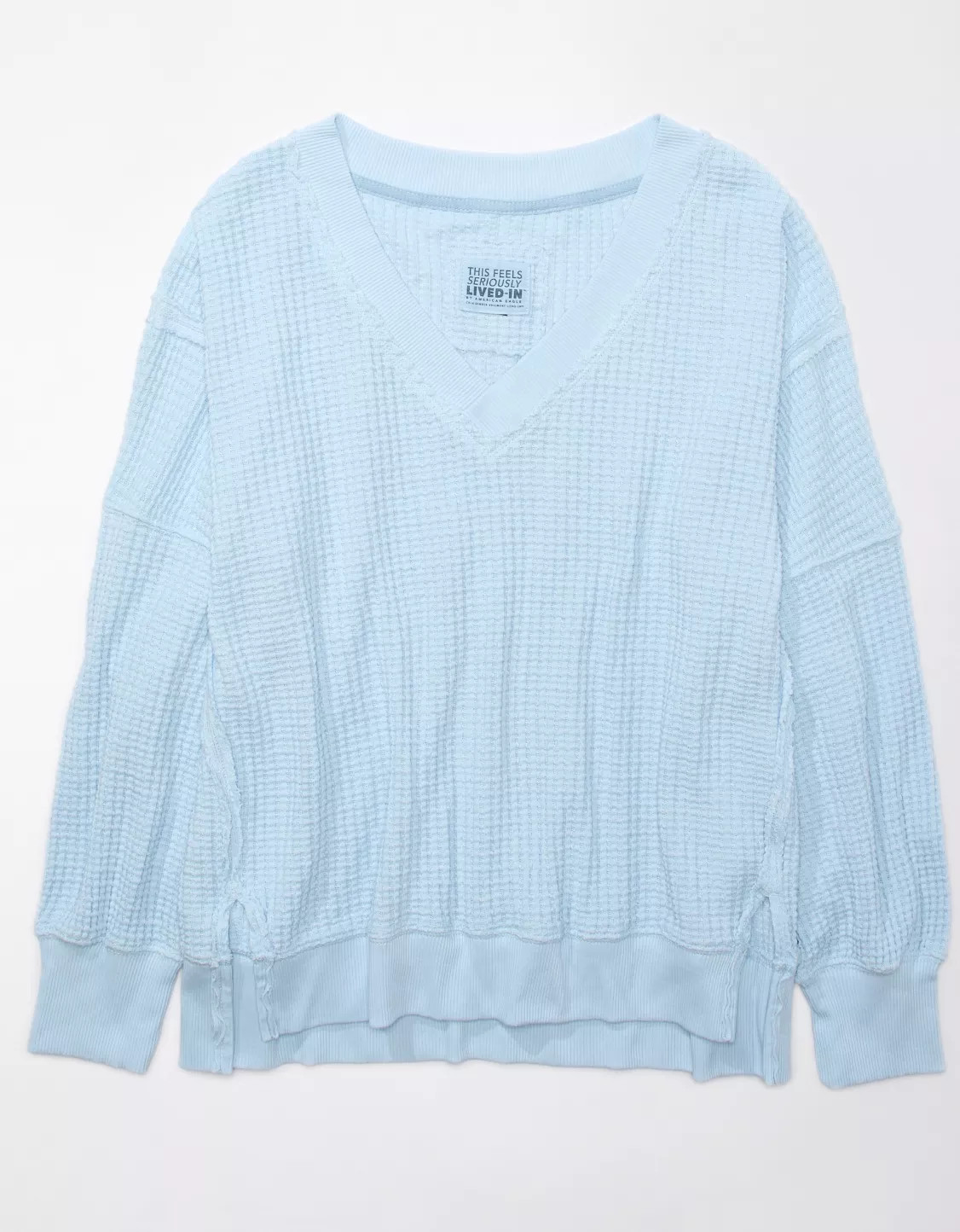 AE Oversized Big Hug Waffle V-Neck Sweatshirt | American Eagle Outfitters (US & CA)