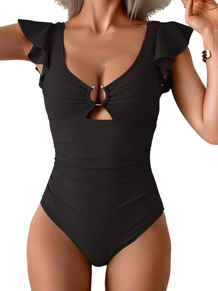 Eomenie Womens Ruffled One Piece Swimsuit Slimming Tummy Control Bathing Suit V-Neck Cutout Swimw... | Amazon (US)