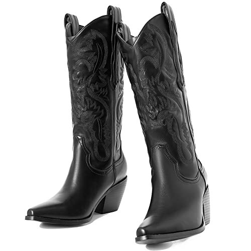 SaraIris Women's Black Cowboy Boots Cowgirl Boots Knee High Boots Pointed Toe Boots Western Boots Wide Calf Boots for Women size 10 | Amazon (US)