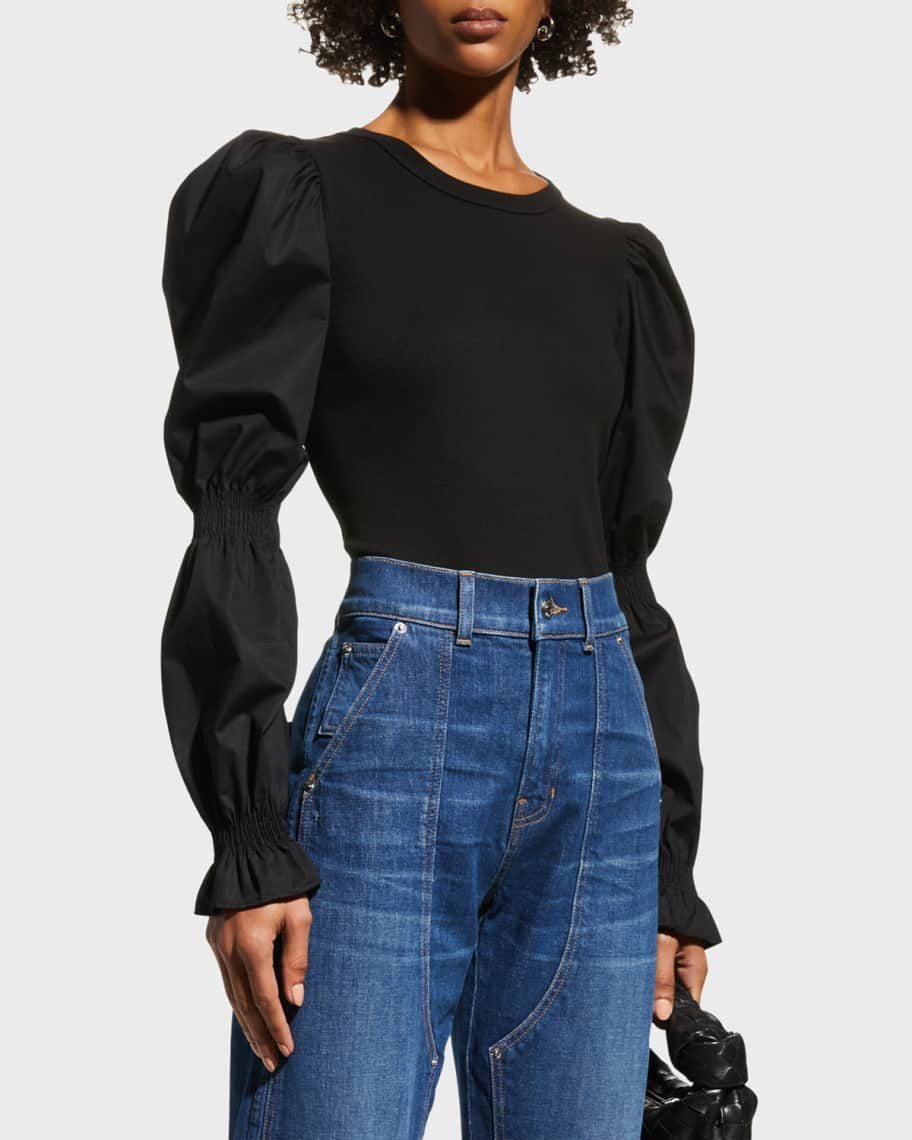 Veronica Beard Jeans Fawn Cinch Puff-Sleeve Top | Neiman Marcus