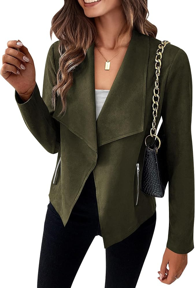 Women's Faux Suede Jackets 2023 Fall Clothes Long Sleeve Open Front Cropped Coat Outwear | Amazon (US)