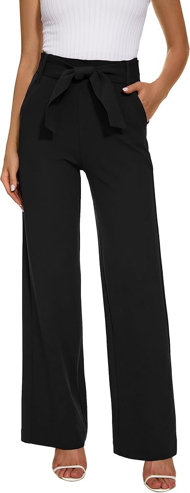 Wide Leg Stretchy Pants for Women Business Casual Pants Dress pants with Pockets Self Tie Belted | Amazon (US)