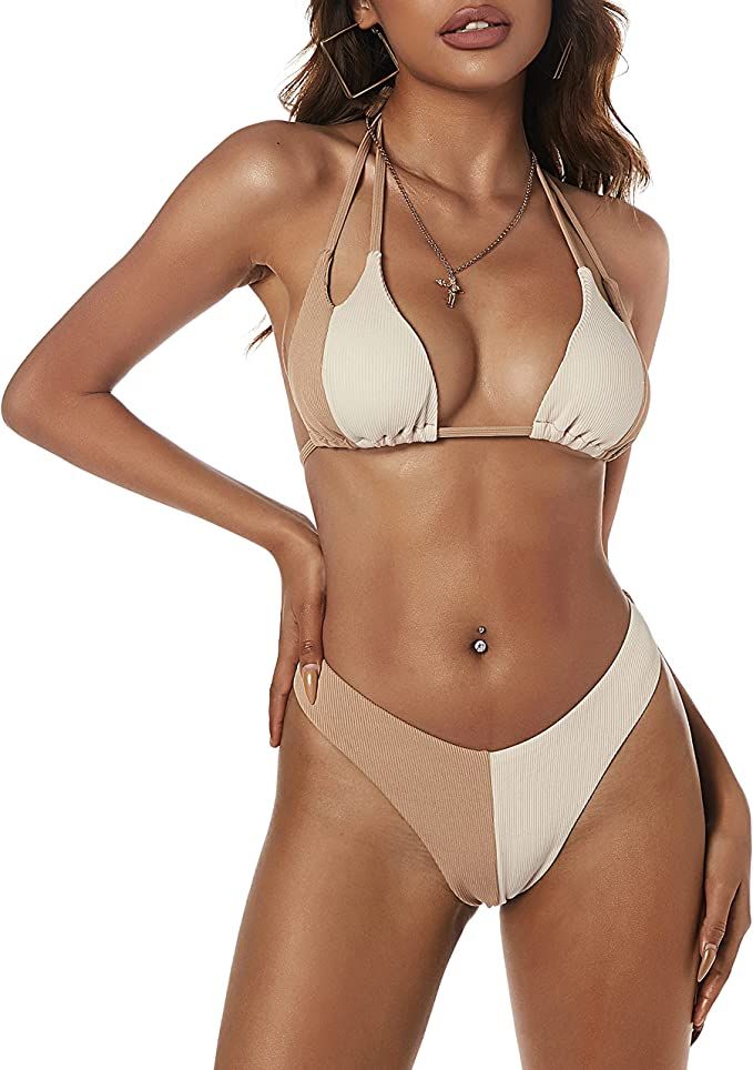 ZAFUL Women's Dot Print High Cut Cross Triangle Bikini Set Two Piece Swimwear | Amazon (US)