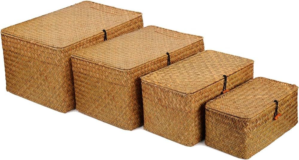 4 Pack, Wicker Baskets with Lids, Nautral Seagrass Storage Baskets, Woven Rectangular Basket Bins... | Amazon (US)