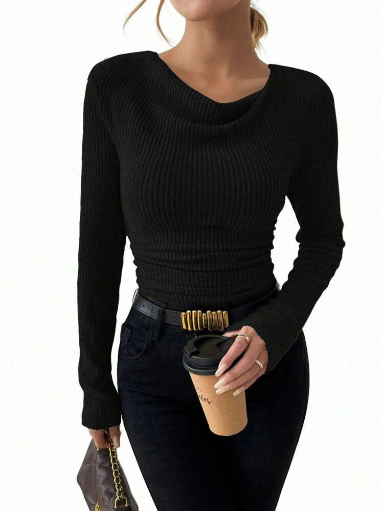 EMERY ROSE Retro Asymmetrical Mandarin Collar Brushed Textured Ruched Slim Fit Long Sleeve T-Shir... | SHEIN