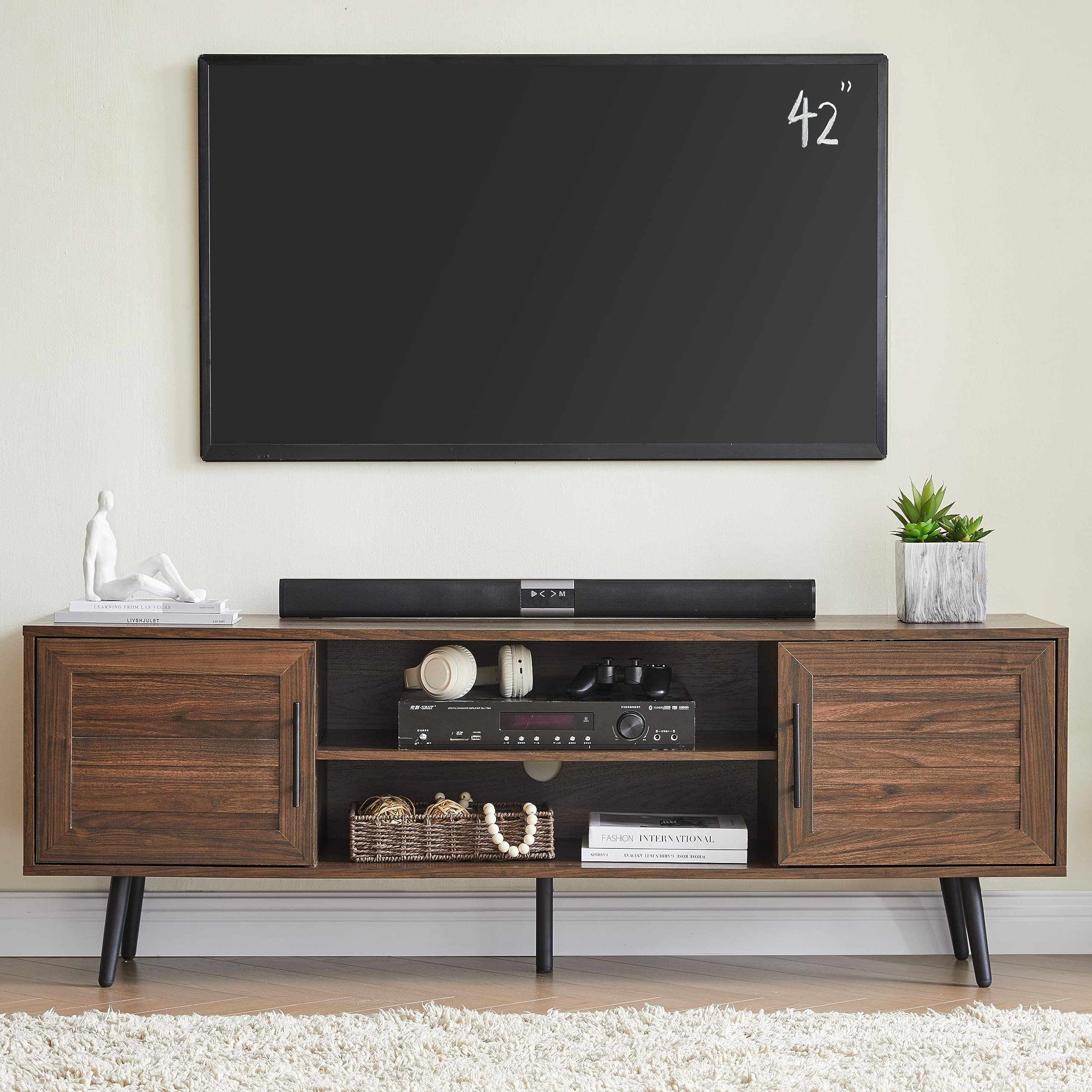 EDYO LIVING Mid Century Modern TV Stand for 65" TV, Wood TV Stand with Storage Cabinet and Open S... | Amazon (US)