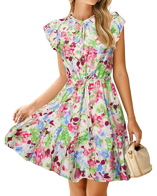 Simplee Womens Summer Dress 2025 Ruffle Short Sleeve Floral Boho Dress V Neck A-line Drawstring M... | Amazon (US)
