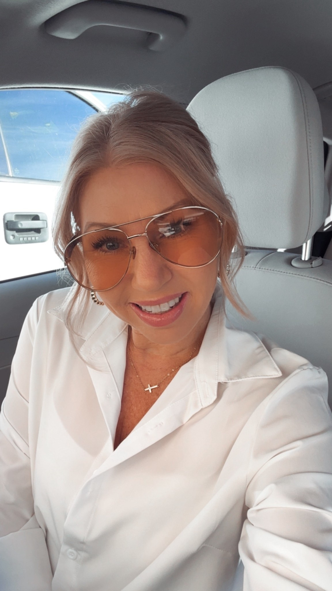 Spring and summer sunnies
Cross necklace 
Hoop earrings 

#LTKootd