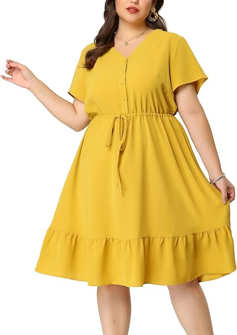 Agnes Orinda Plus Size Midi Dresses for Women Drawstring Waist Half Placket V Neck Summer Ruffle ... | Amazon (US)