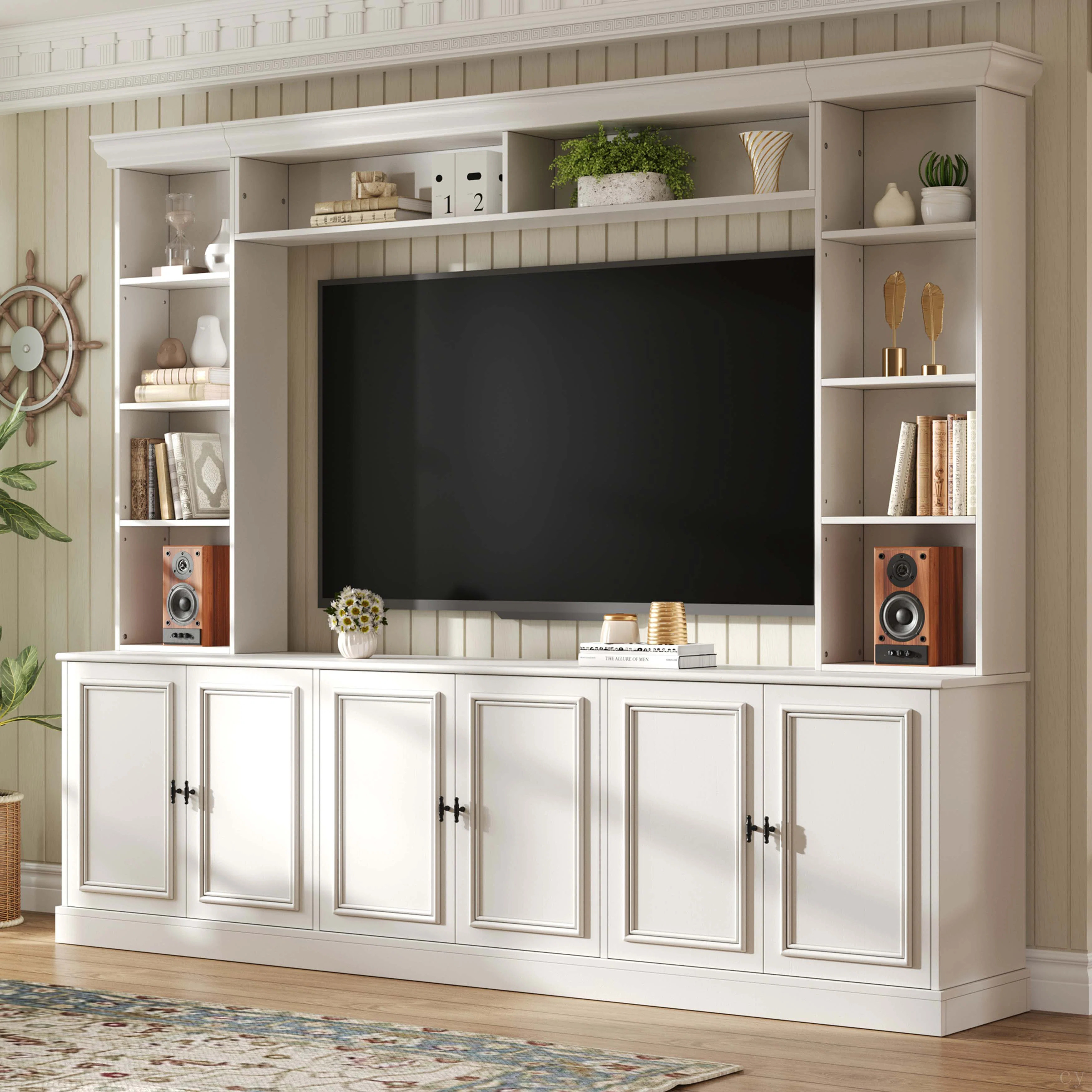 97.4" Mid-Century 4-Piece Entertainment Center with Adjustable TV Stand and Bookshelf for TVs Up ... | Wayfair North America