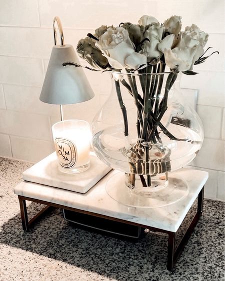 Kitchen Counter Decor Ideas for Spring. Marble and Gold Stand from Target. Marble Flameless Candle Warmer from Amazon. White kitchen. #target #amazon 

#LTKstyletip #LTKhome #LTKfindsunder50