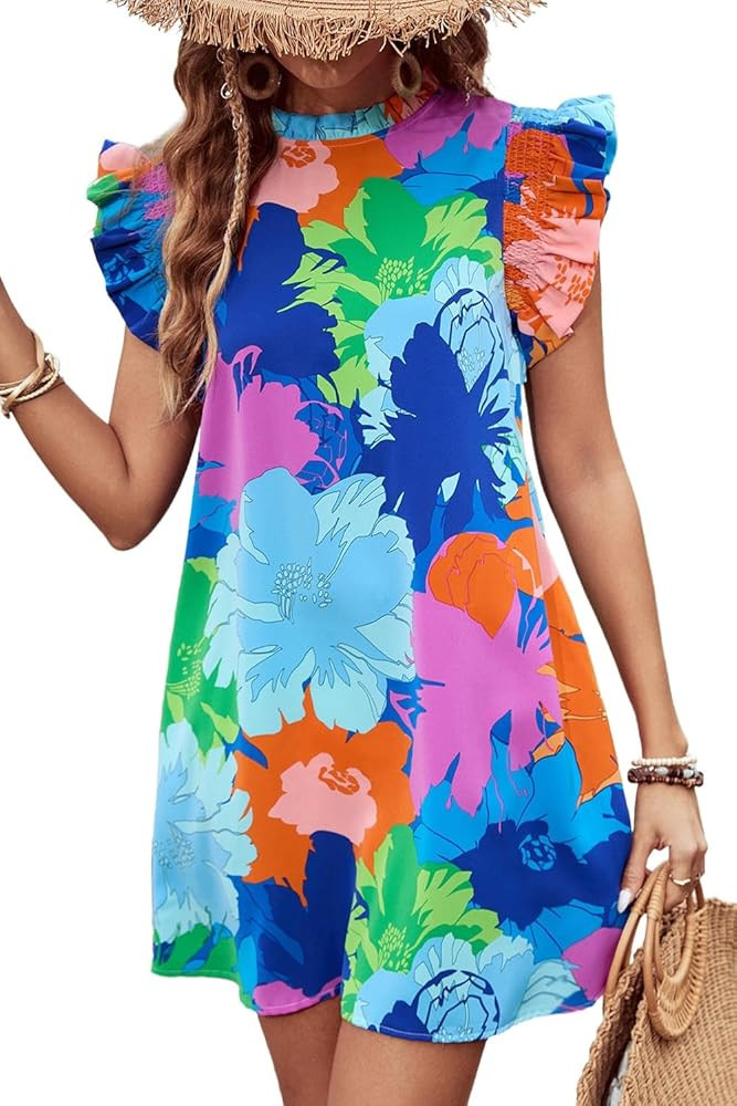 Melliflo Women's Bold Floral Mock Neck Tunic Dress Loose Shift Mini Dress with Pockets | Amazon (US)