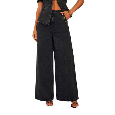 Women High Waist Button Wide Leg Denim Jeans Loose Full Length Flared Pants, Black, M | Target