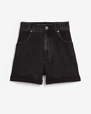 Super High Waisted Black Rolled Mom Jean Shorts | Express