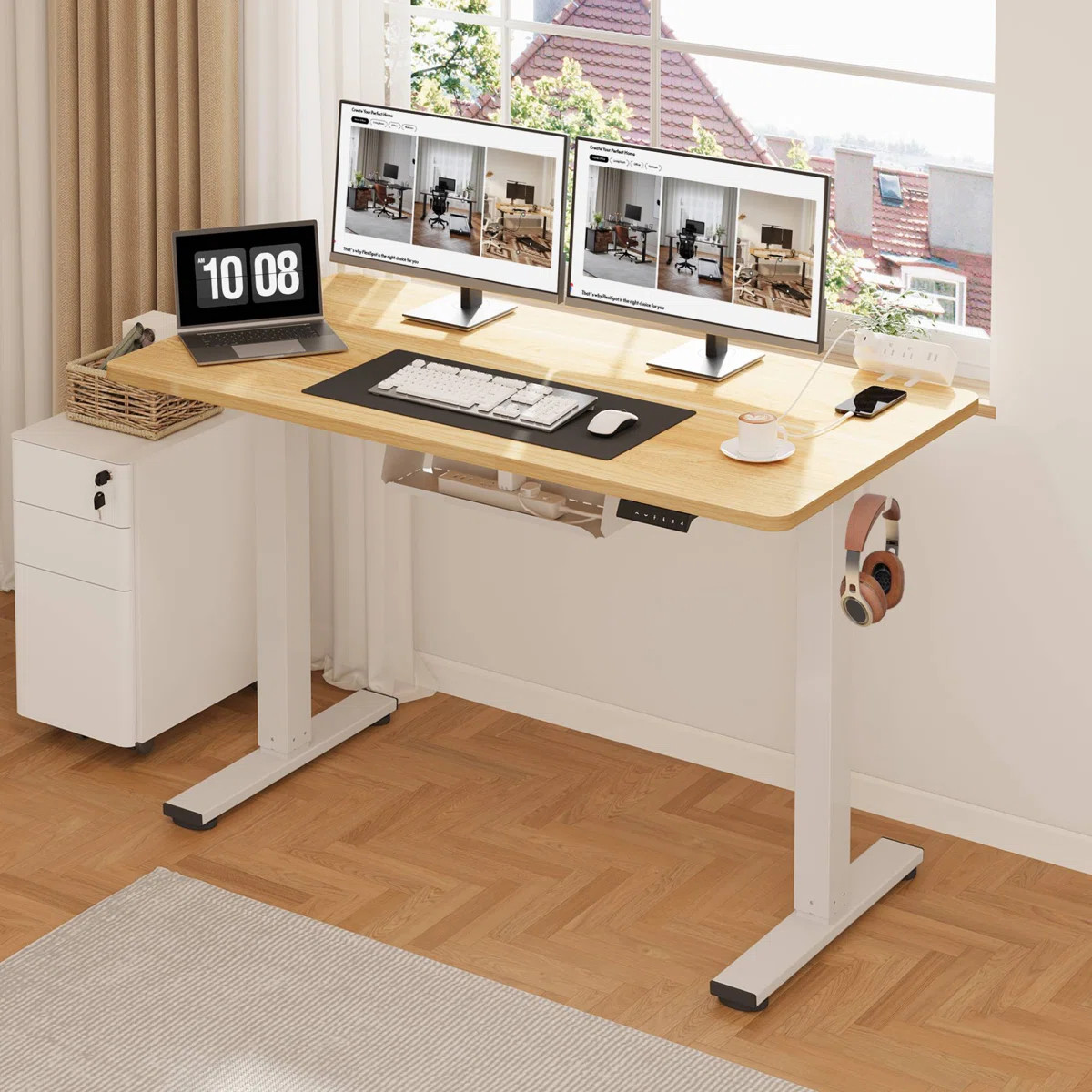 Mancheer Home Office Height Adjustable Standing Desk with USB Ports and Cable Management Tray | Wayfair North America