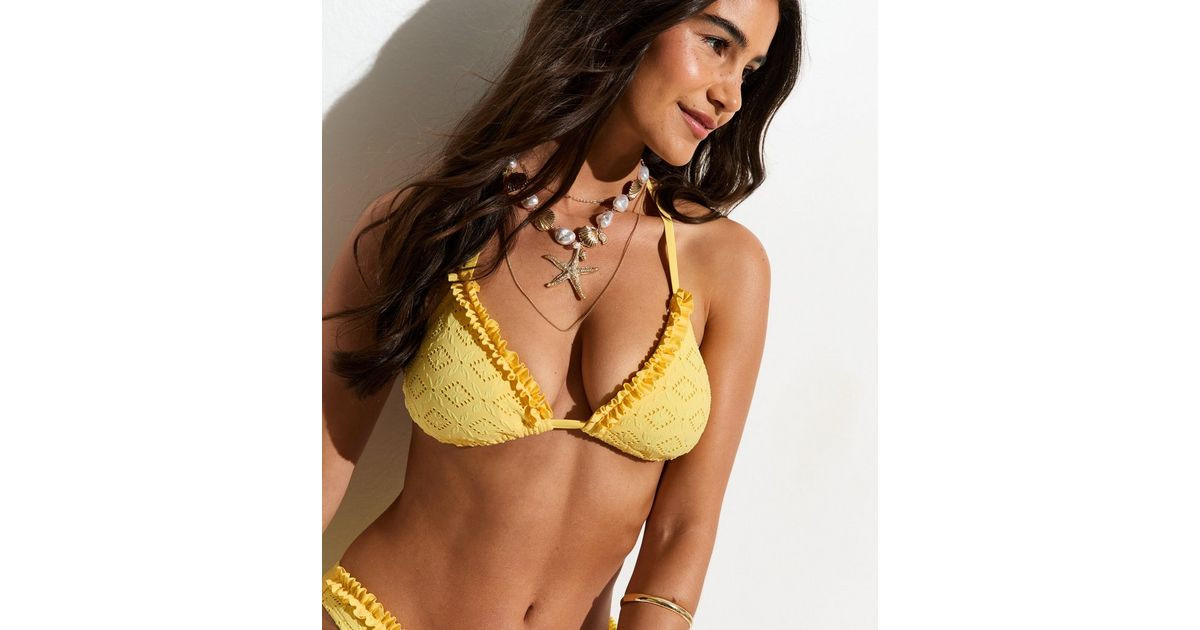 Light Yellow Broderie Frill Triangle Bikini Top | New Look | New Look (UK)