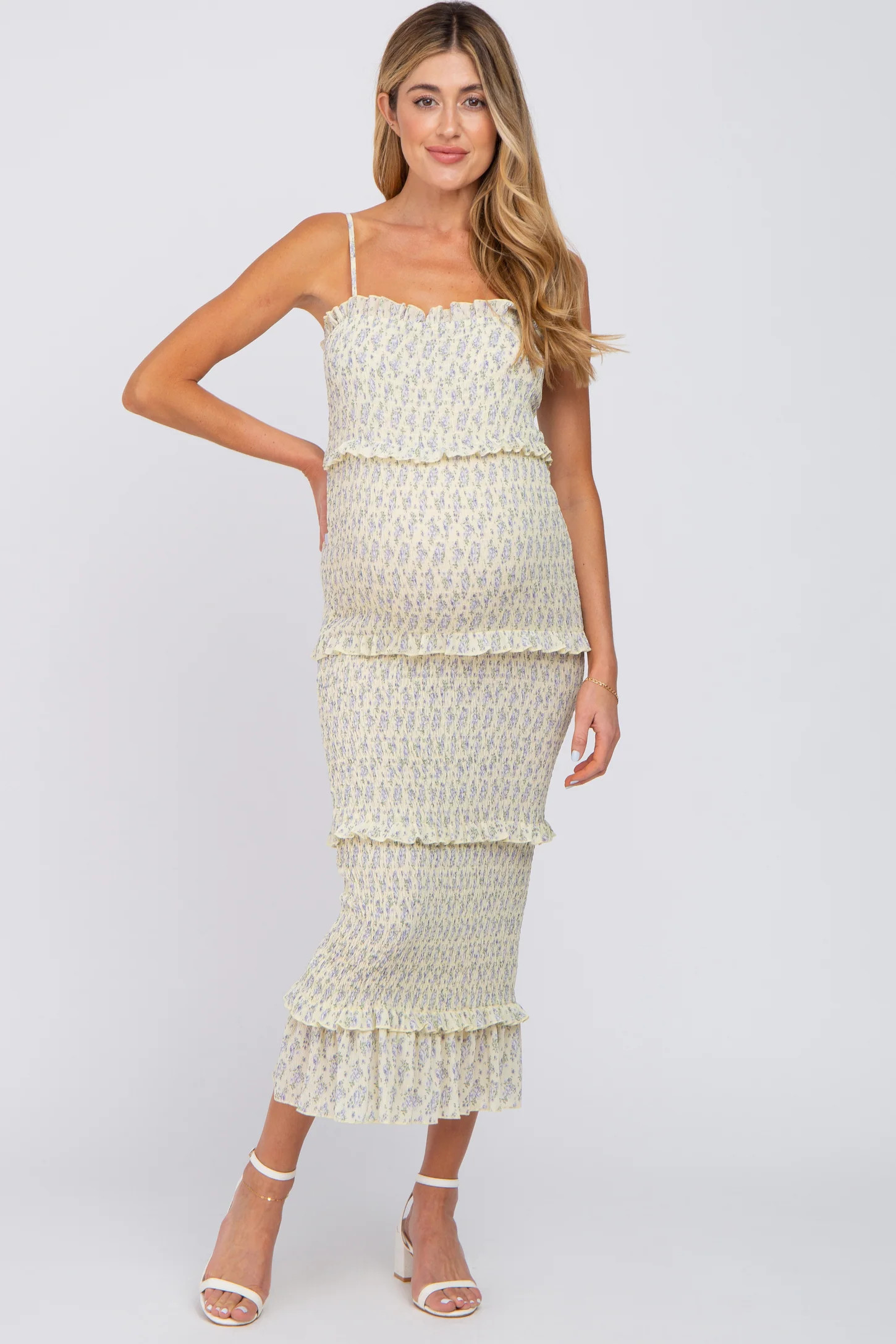 Yellow Floral Print Smocked Maternity Midi Dress | PinkBlush Maternity