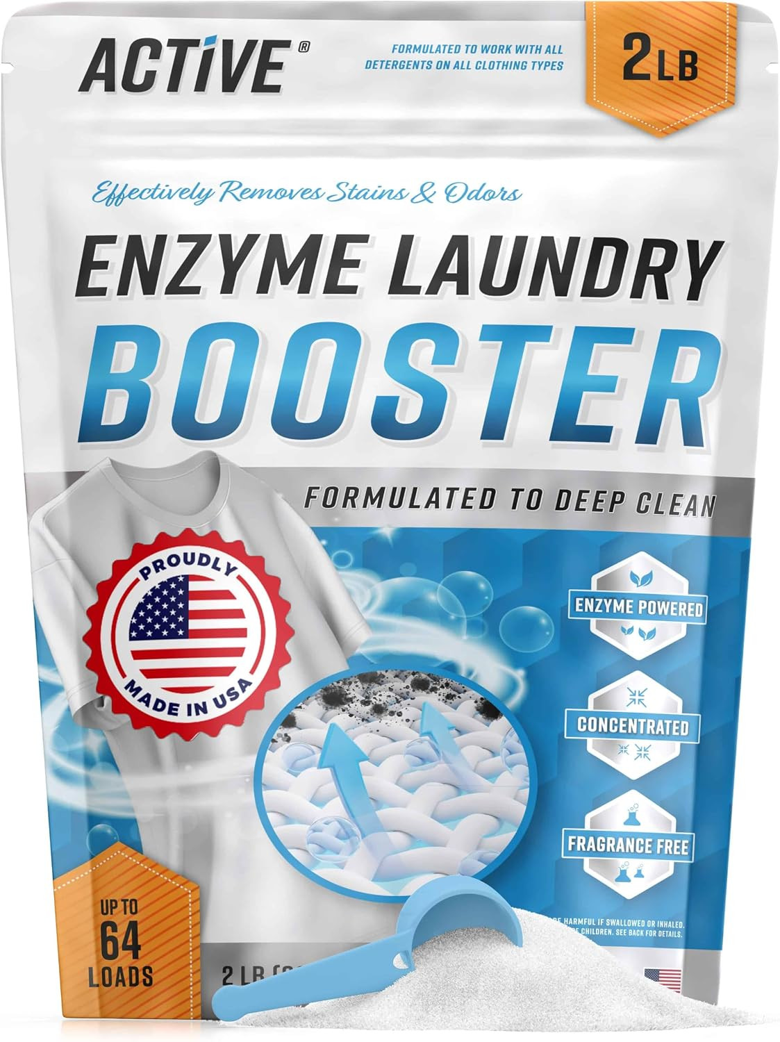 Enzyme Laundry Booster Odor Remover - 2 lbs Unscented Enzymatic Clothes Stain Cleaner Powder, Natural Deodorizer with Bio Active Enzymes, Detergent Additive Eliminator for Sweat, Oil, Blood - 64 Loads | Amazon (US)
