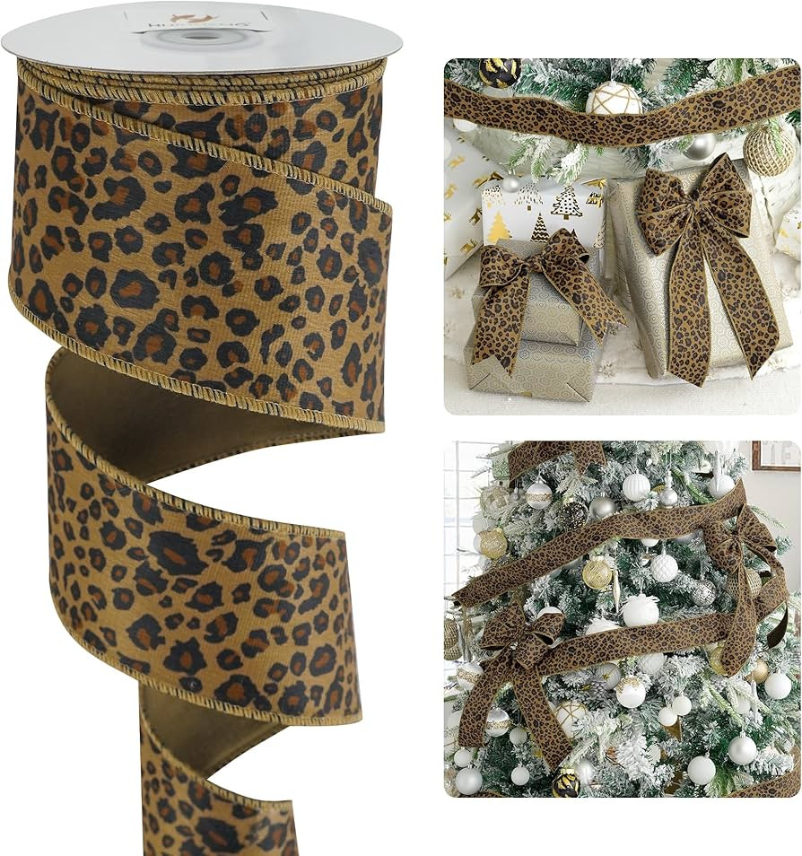 HUIHUANG Leopard Print Velvet Wired Ribbon 2.5 inch Animal Print Brown Velvet Ribbon for Christma... | Amazon (US)
