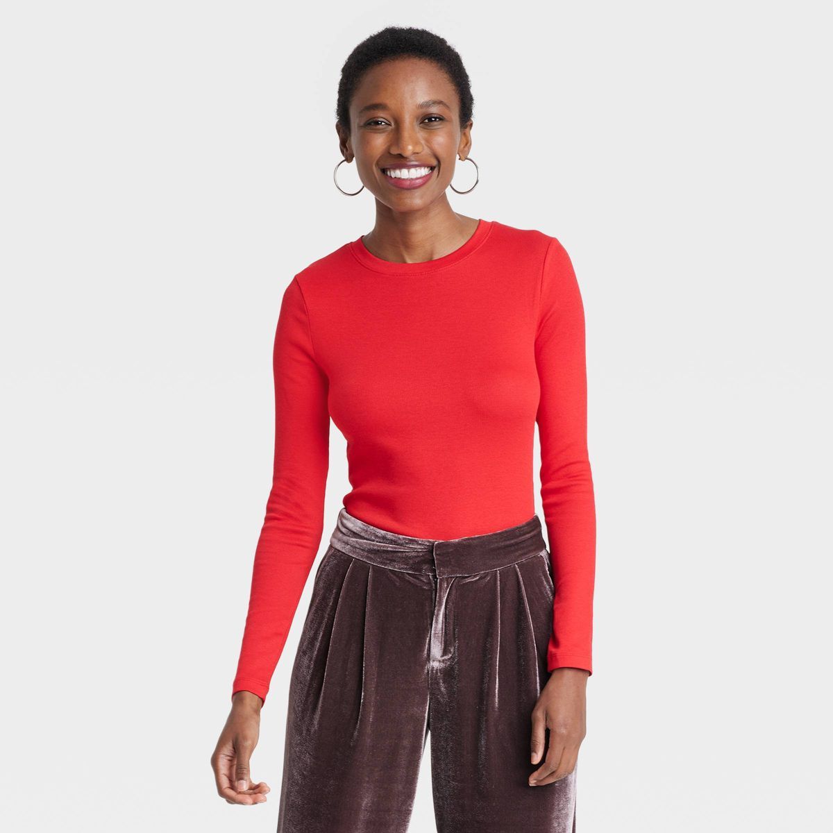Women's Slim Fit Long Sleeve Ribbed Crewneck T-Shirt - A New Day™  Red XS | Target