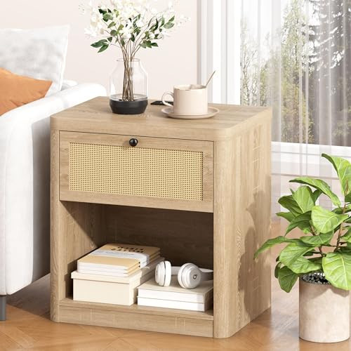 Yusong Rattan Night Stand, Bedside Table Small Night Stand with Charging Station, End Table for Bedroom, Boho Side Table for Bedroom, Sunwashed Oak | Amazon (US)
