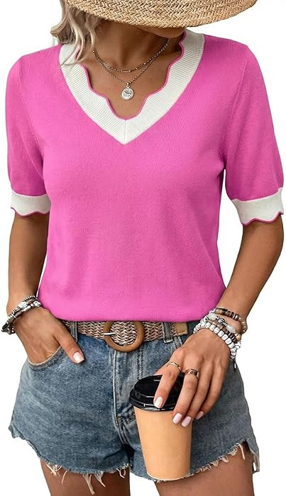 Dokotoo Women's Summer Tops Scalloped V Neck Short Sleeve Sweater Lightweight Color Blocked Knit ... | Amazon (US)