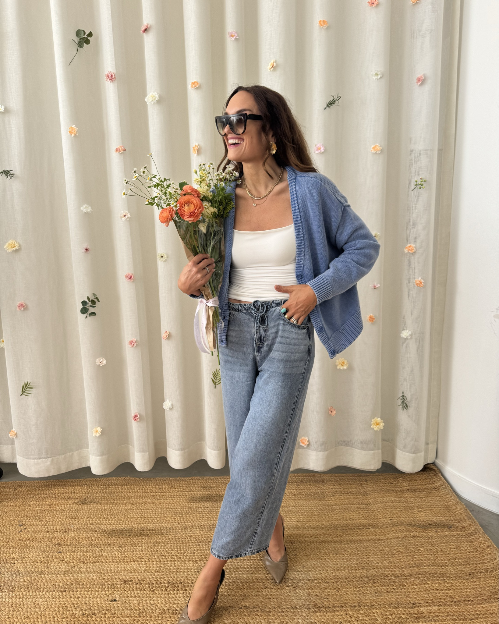 Crop denim lounge pants in small love! Size 4 ish 
Top tank small from Amazon 
Cardigan from splendid in small 
🩵🩵