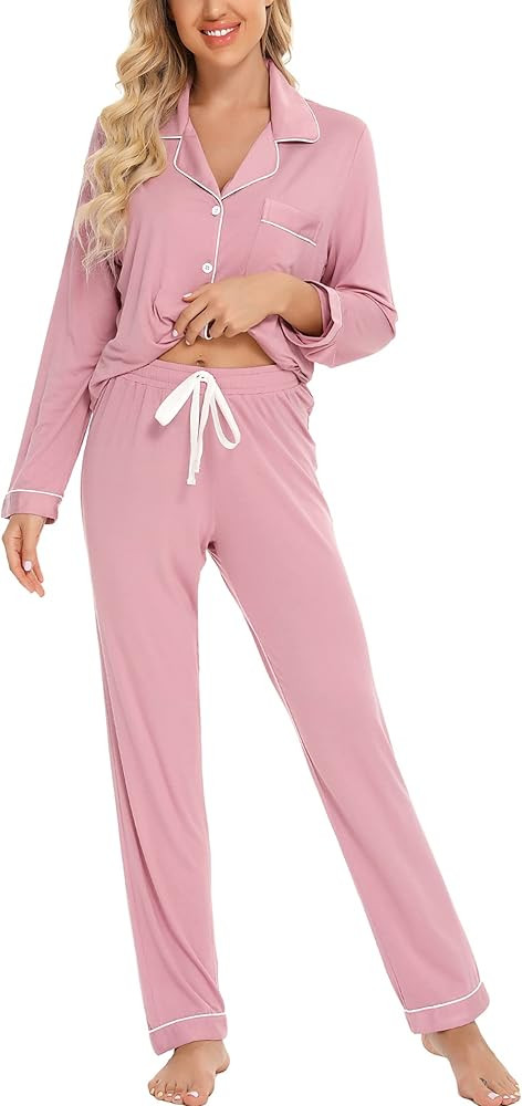Leikar Button Up Pajama Set For Women Long Sleeve Shirt and Pajama Pants Soft Pjs Lounge Sets S-XXL | Amazon (US)