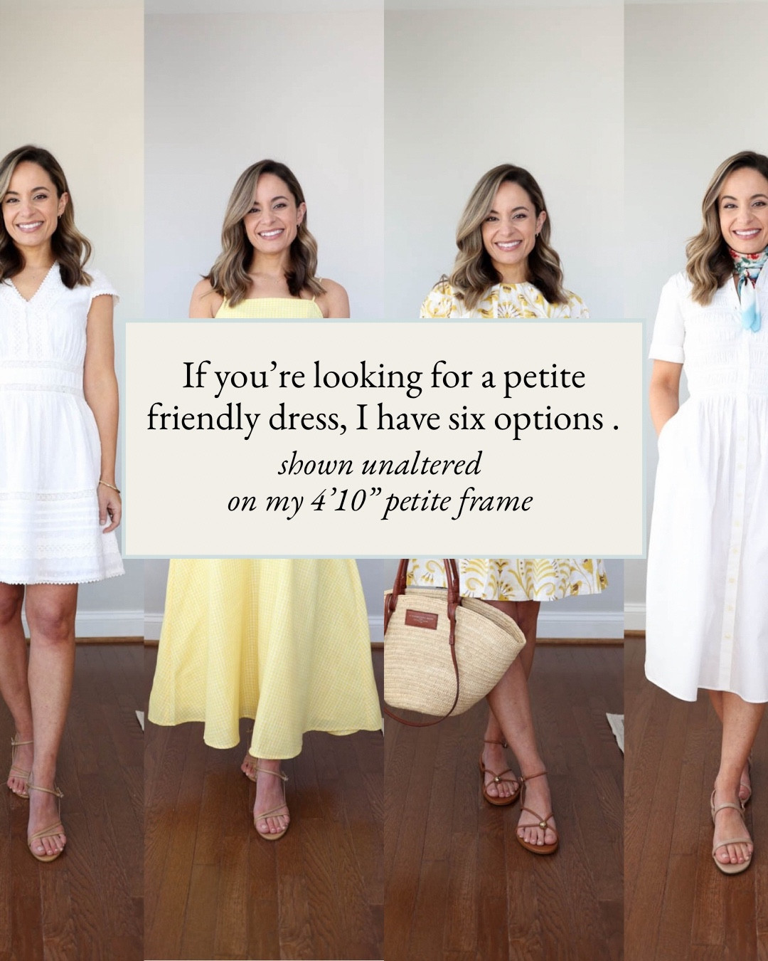 If you’re looking for a petite friendly dress, I have six options. Shown unaltered on me at 4’10”.

Blue and white: petite xxs - fully lined true to size. Soft linen blend. 

Yellow and white: xxs - doesn’t come in petite but fits well. 100% cotton with adjustable ties at the waist. 

Green and white: petite xxs - true to size, 100% cotton. Unlined but not sheer. 

White shirt dress: petite xxs - recommend a size up 

Yellow maxi dress: xs 

White mini dress: xxs

My measurements for reference: I’m 4’10” and 105lbs. My bust, waist, and hip measurement is 32”, 24”, and 36”.

#LTKPetite