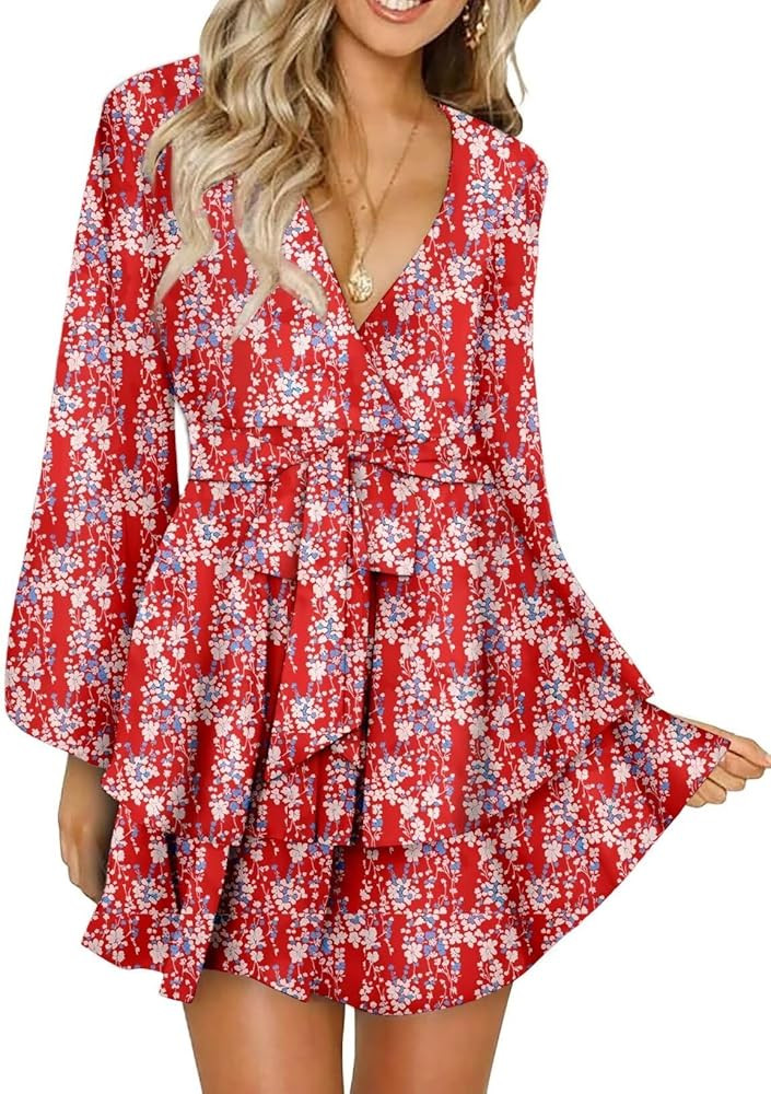 Dokotoo Womens 2024 Summer Spring V Neck Ruffle Chiffon Elegant Tie Knot Mini Short Swing Skater ... | Amazon (US)