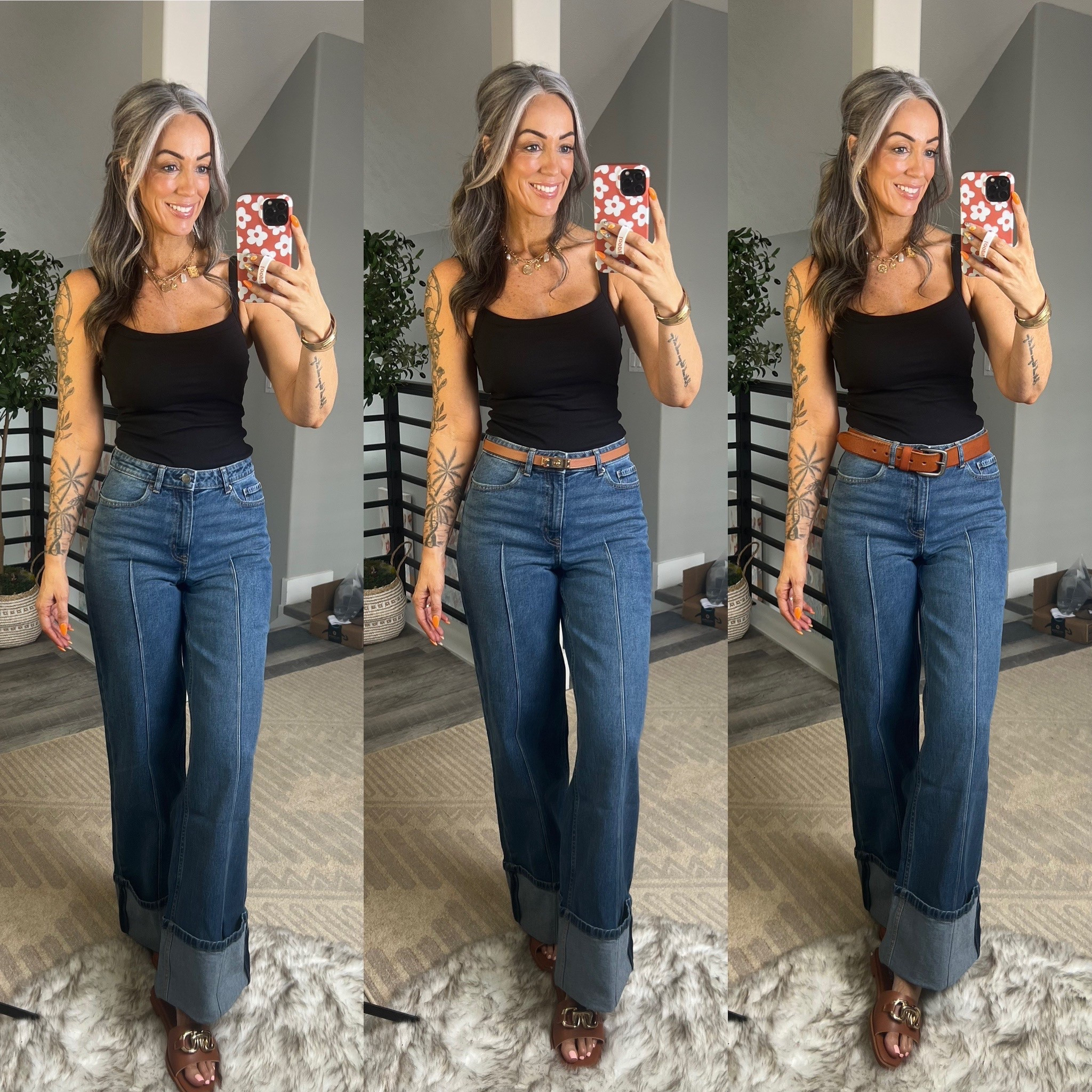 These wide cuff jeans are so cute! Paired here with no belt, skinny or wide belt. Tank has built in padding/bra! Wearing size 6 in the jeans and small In the tank. Sandals fit TTS.

#LTKOver40