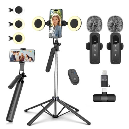 Vlogging Kit for iPhone/Android, Metal Selfie Stick Tripod for iPhone with Light and Microphone,70 inch Tall Adjustable Phone Tripod for TikTok/YouTube Starter Content Creator Essentials Kit | Amazon (US)
