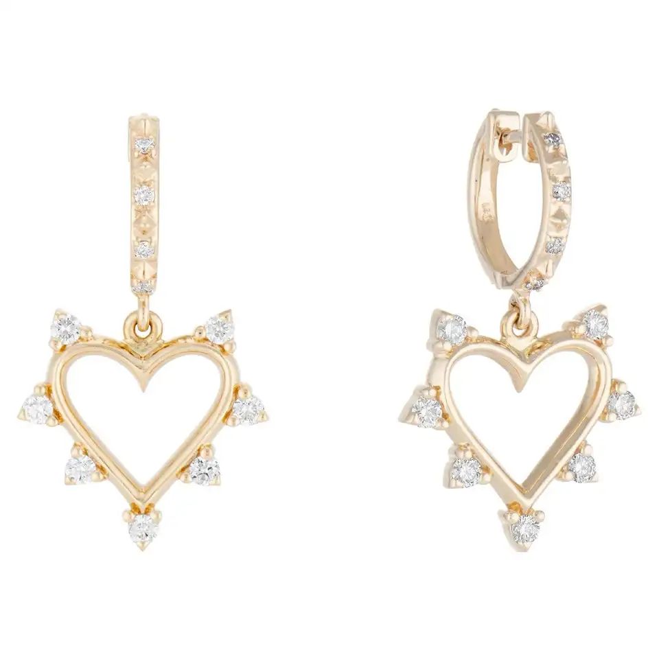 Marlo Laz White Diamond Yellow Gold 14 Karat Heart Spiked Hoop Earrings | 1stDibs