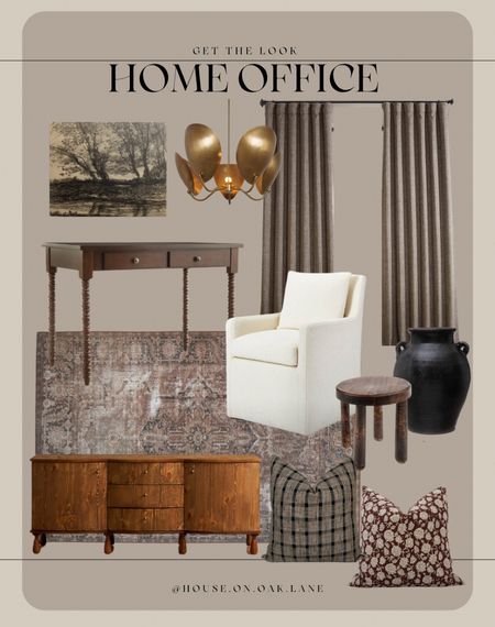 Home office design 

Slipcovered chair desk dining white brown rug plaid pillow cover stained wood media hutch turned leg desk moody art 

#LTKhome #LTKFind #LTKstyletip
