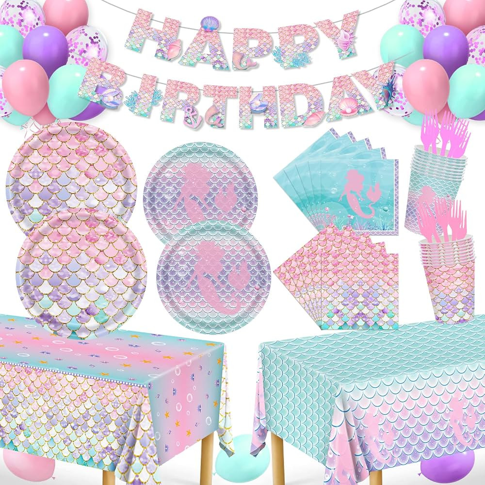 Mermaid Birthday Decorations, 147Pcs Mermaid Party Supplies-Serves 24 with Mermaid Plates and Nap... | Amazon (US)