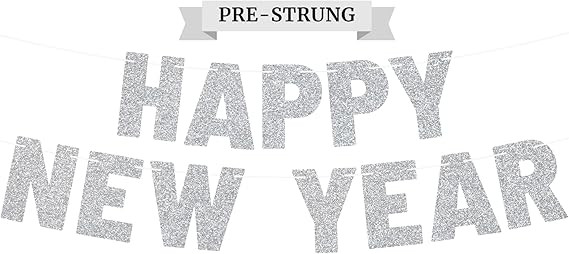 Pre-strung Happy New Year Banner - No DIY - Silver Glitter New Years Eve Party Banner - Pre-strun... | Amazon (US)