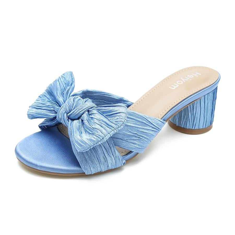 Heiyom Women's Bowknot Low Chunky Heels Mules Sandals Slip on Pleated Bow Heels Wedding Bridal Pa... | Amazon (US)