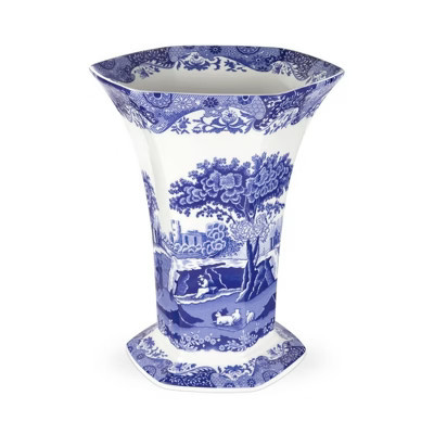 Spode Blue Italian Hexagonal Vase - 10.5" Porcelain Decorative Accent with Oriental-Inspired Detailing & Scenic Italian Countryside Design | Target