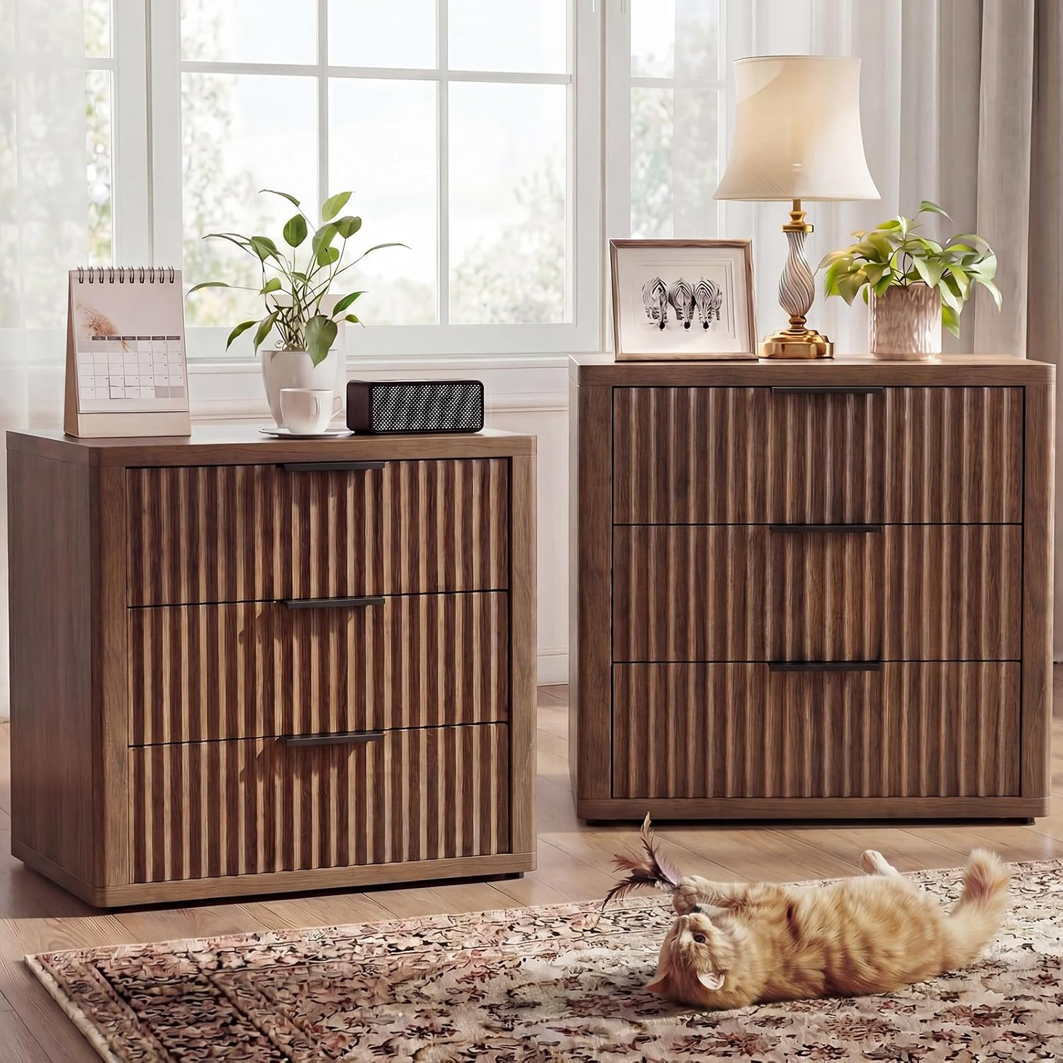 Fluted Nightstand with 3 Drawers, Nightstands Set of 2, Walnut | Amazon (US)