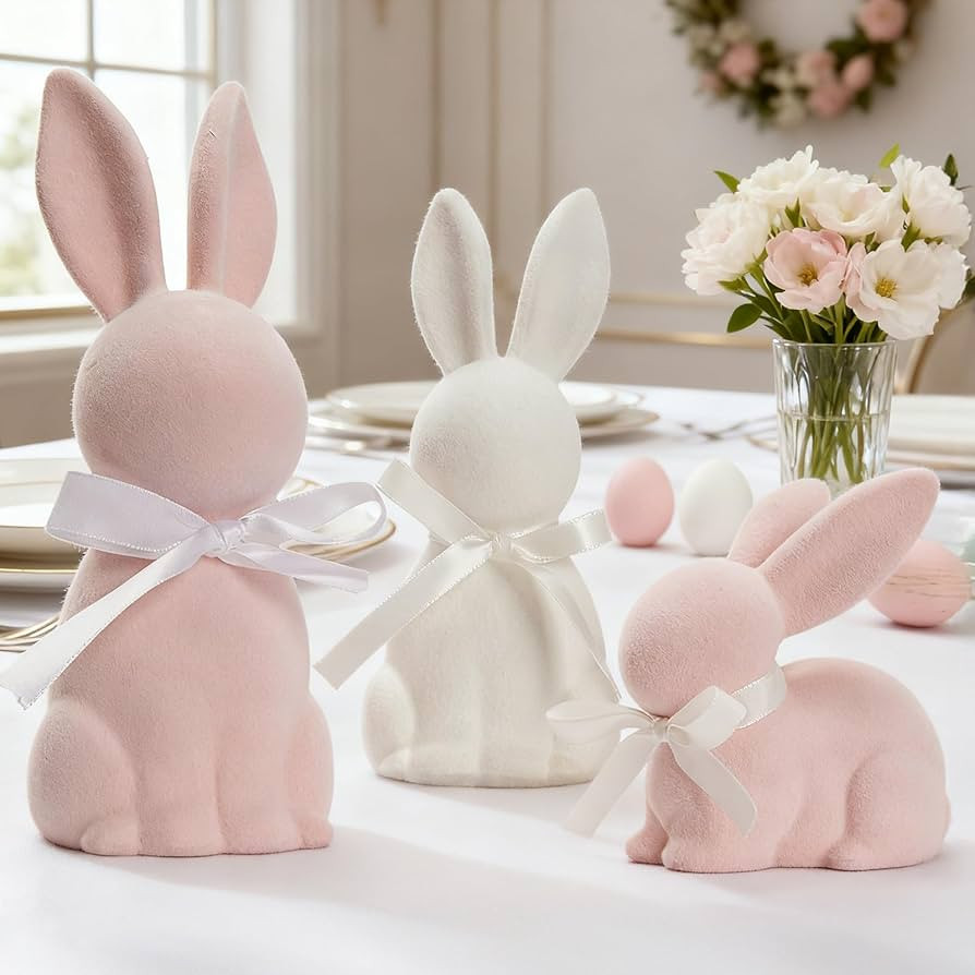 WDS WONDROUS Easter Decorations Bunny Figurines Set of 3, Flocked Rabbit Statues with Bows, Pink ... | Amazon (US)