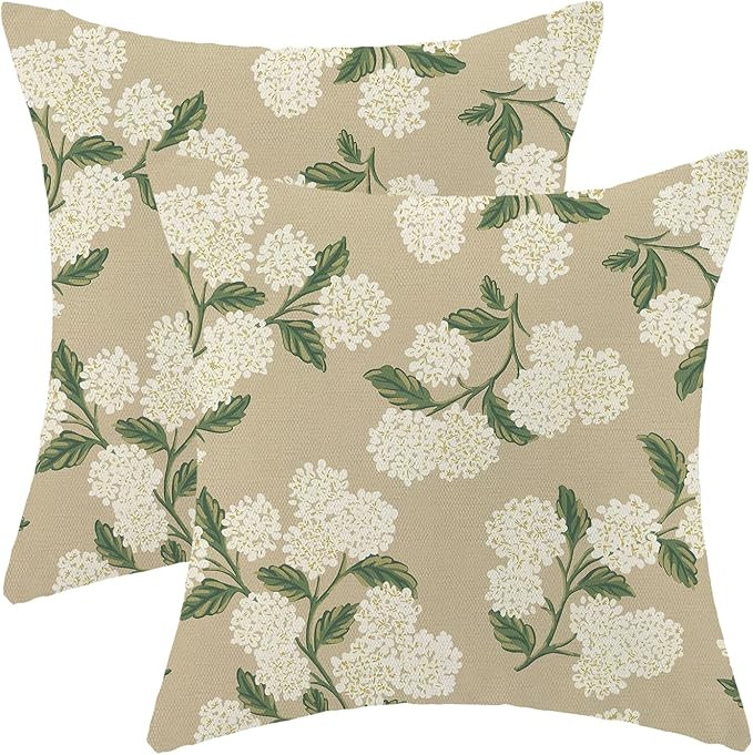 AEIOAE Spring Pillow Covers 18x18 Inch Set of 2, Beige Green Hydrangea Flower Throw Pillows Case,... | Amazon (US)