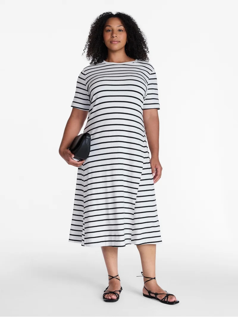 Time and Tru Women's and Women's Plus Seamed Cotton Midi Dress, Sizes XS-4X | Walmart (US)