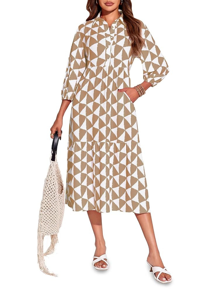Wenrine Womens Boho Midi Dress Long Sleeve Casual Color Block Beach Button Down Shirt Dress | Amazon (US)