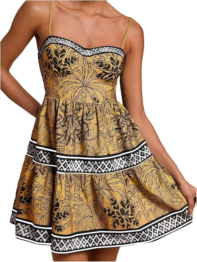 Floerns Women's Floral Boho Mini Dress Spaghetti Strap Vintage Tiered Ruffle Summer Beach Vacatio... | Amazon (US)